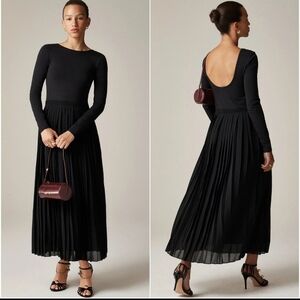 J. Crew Elegant Pleated Ballet Black Stretch Cotton Long Sleeve Maxi Dress M